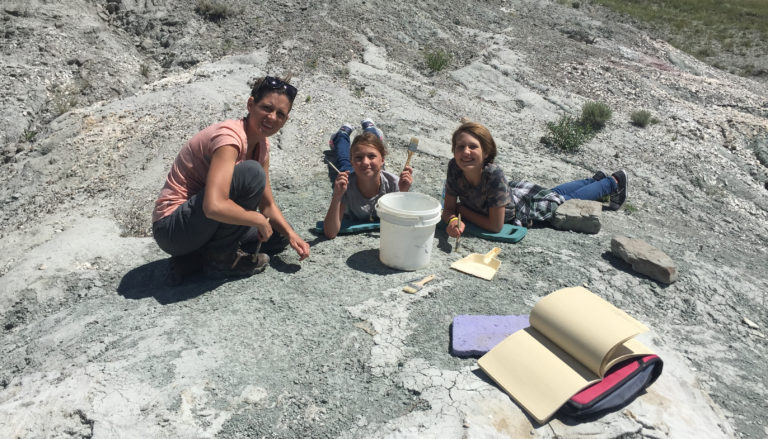 Excavating a fossil during a Montana dinosaur dig.