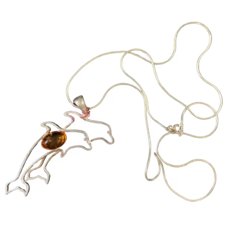 Double Dolphin Amber Pendant Necklace
